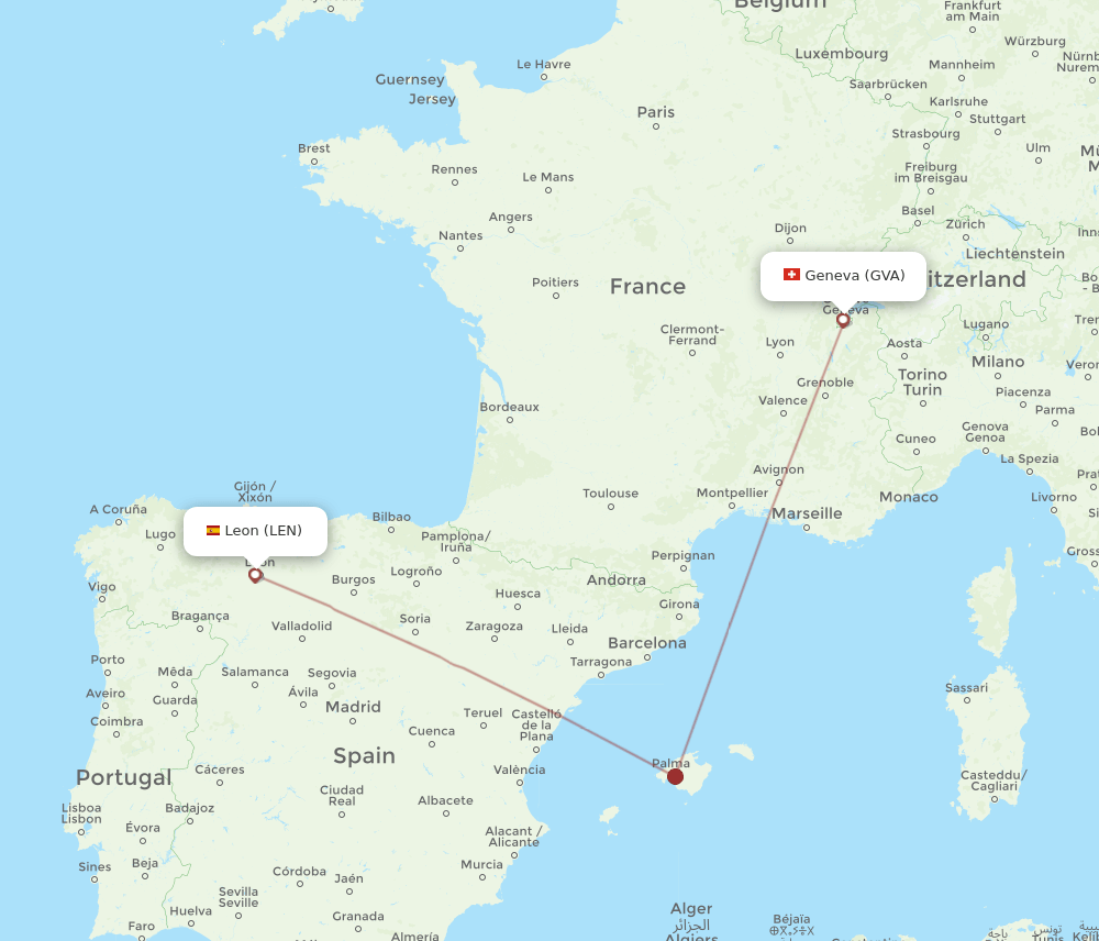 Geneva - Leon route map and flight paths