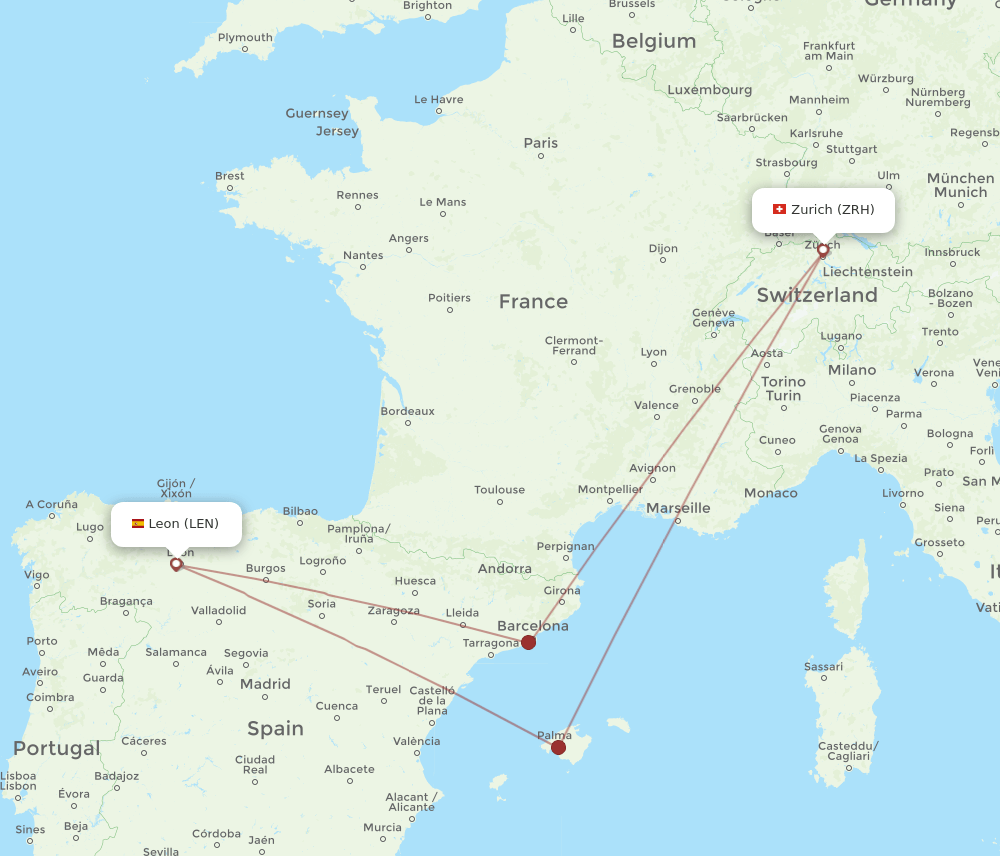 Zurich - Leon route map and flight paths