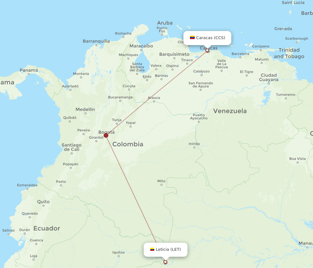 Leticia - Caracas route map and flight paths