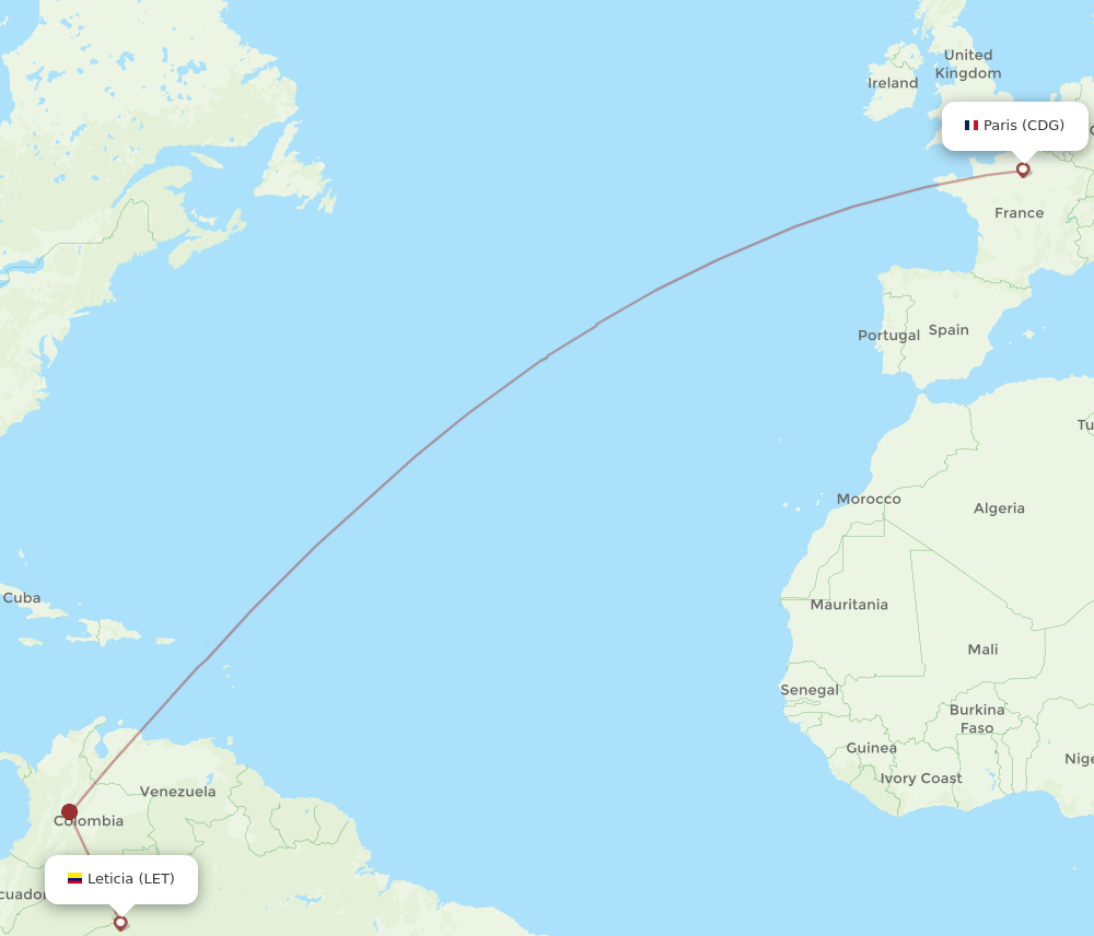 Paris - Leticia route map and flight paths