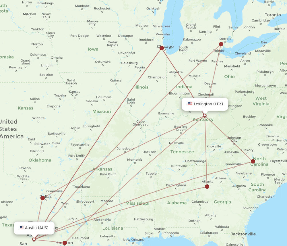 LEX to AUS flights and routes map