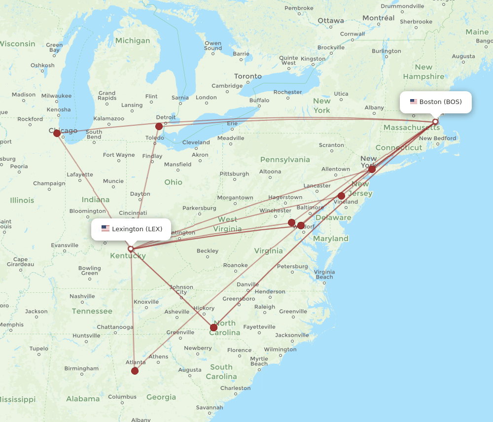 LEX-BOS flight routes