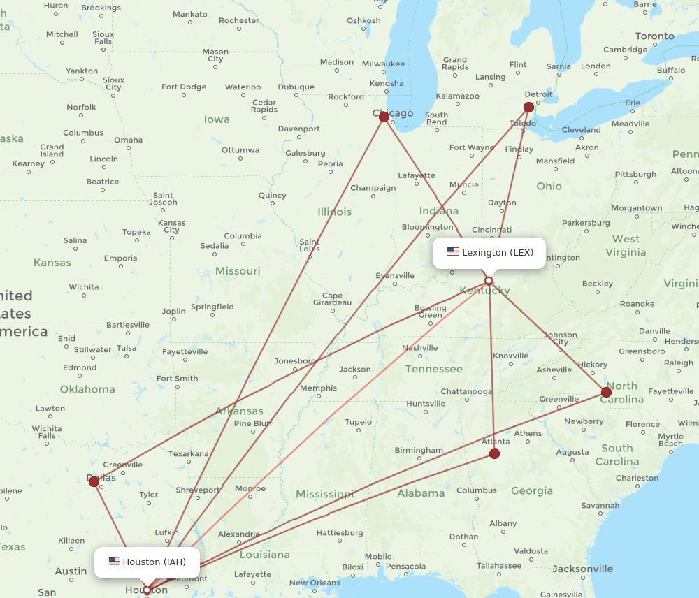 LEX-IAH flight routes