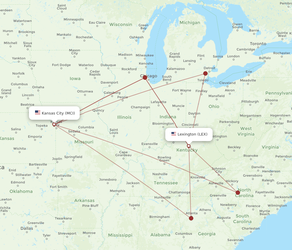 LEX to MCI flights and routes map