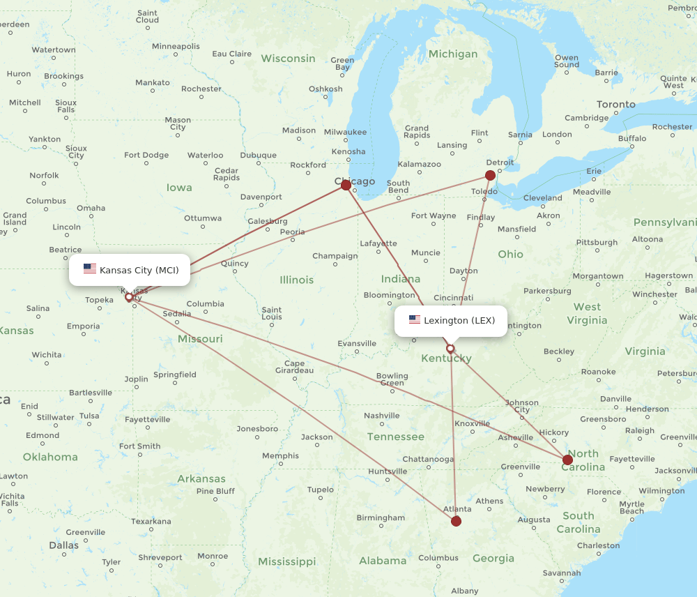 LEX to MCI flights and routes map