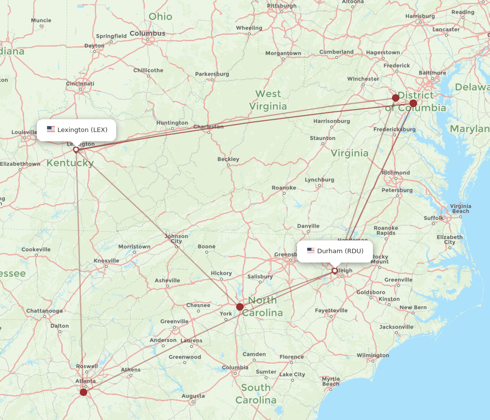 LEX to RDU flights and routes map