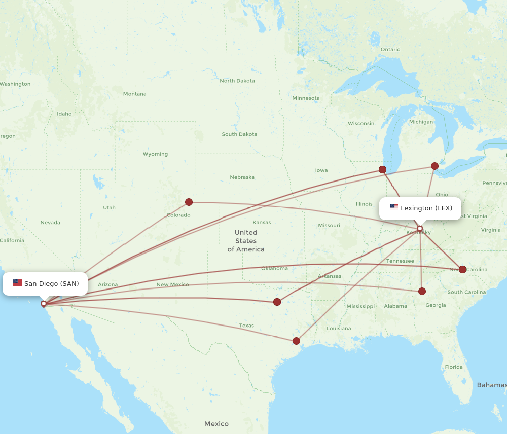 LEX to SAN flights and routes map