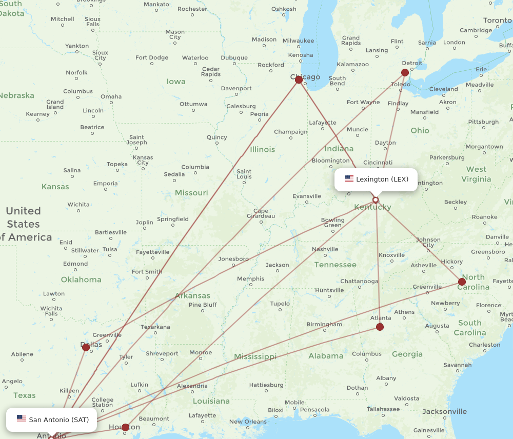 LEX to SAT flights and routes map