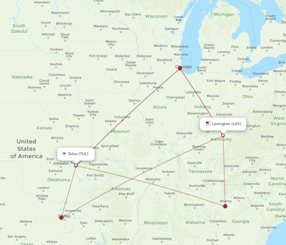 LEX-TUL flight routes
