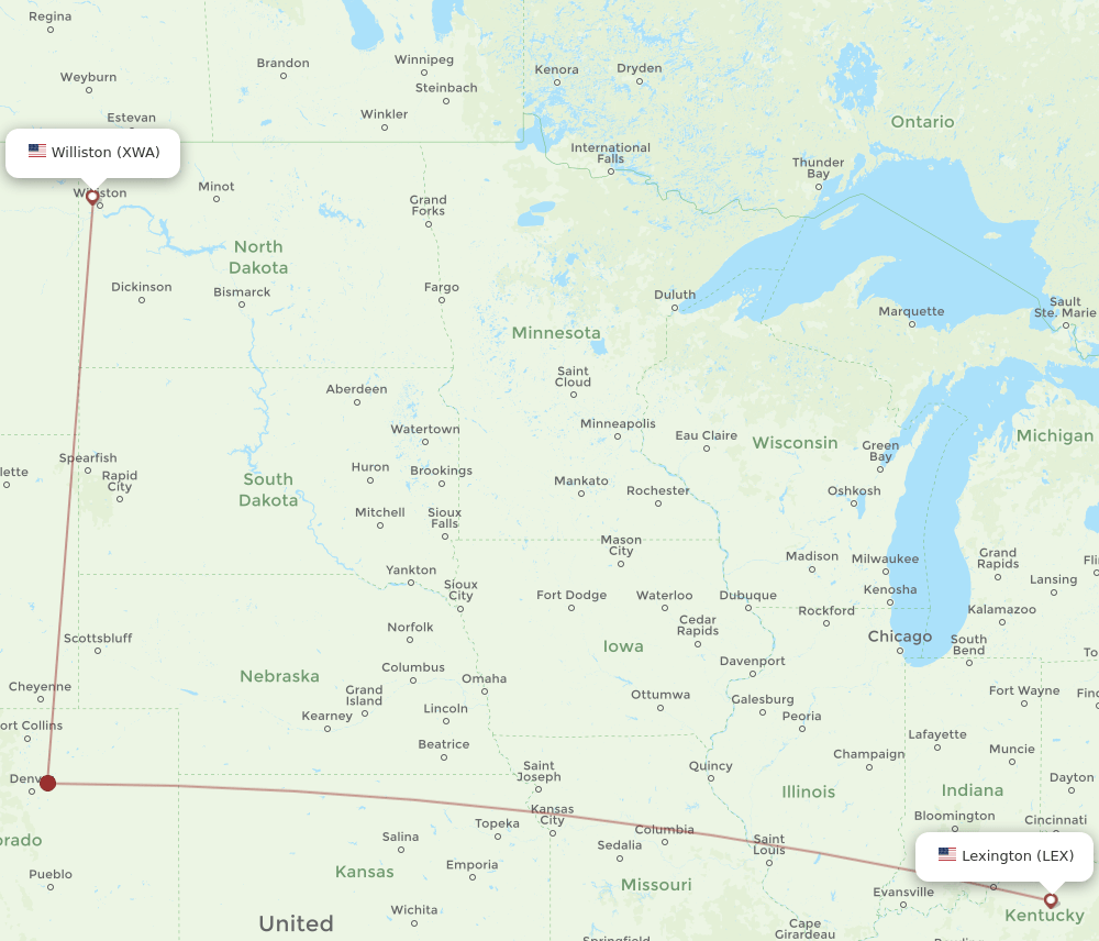 Williston - Lexington route map and flight paths