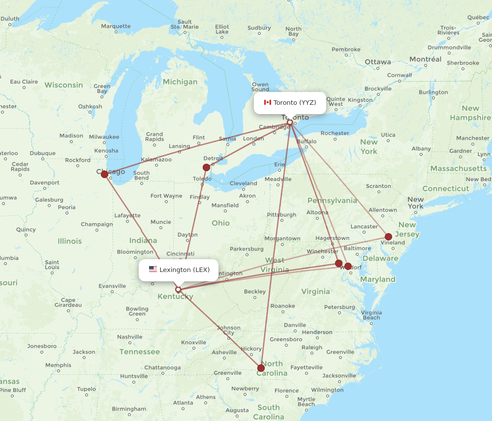 Toronto - Lexington route map and flight paths