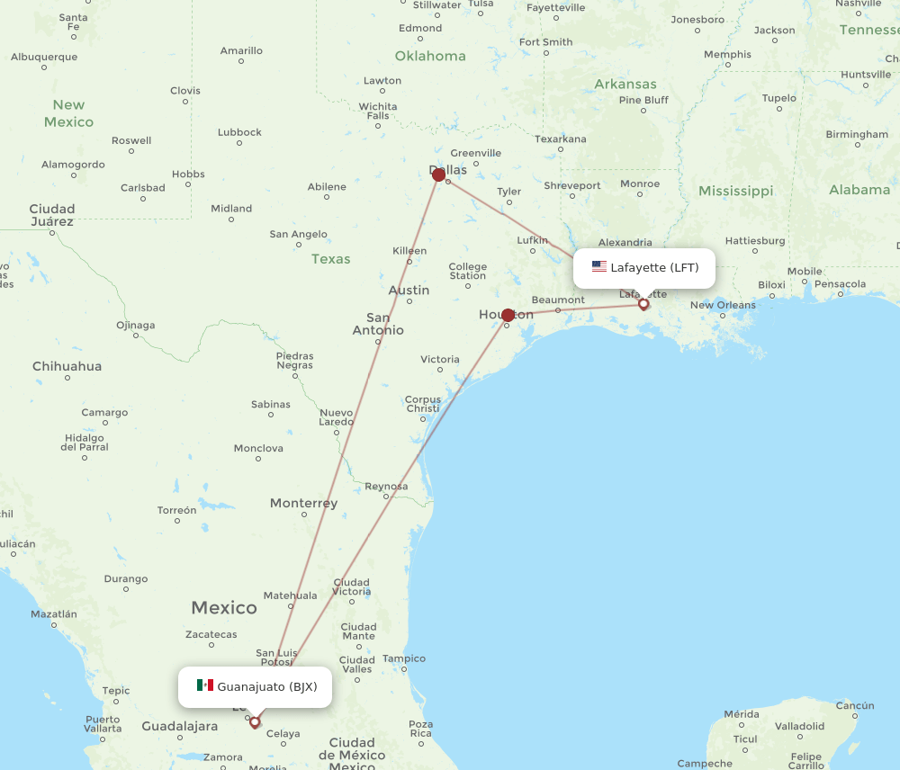 LFT to BJX flights and routes map