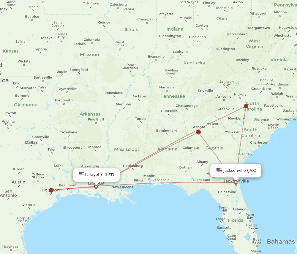 LFT to JAX flights and routes map