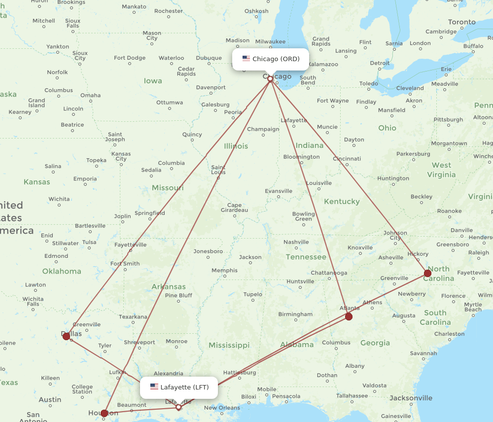 LFT to ORD flights and routes map