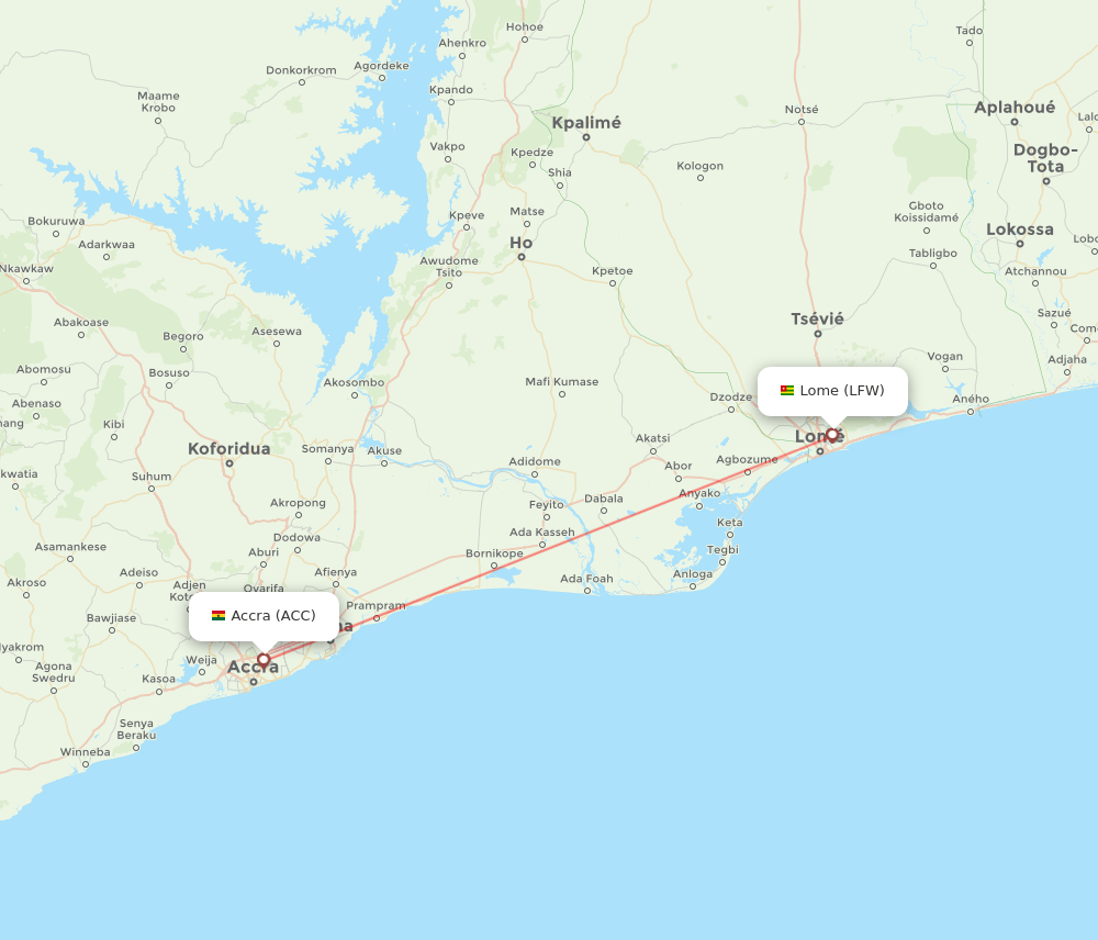 Lome - Accra route map and flight paths