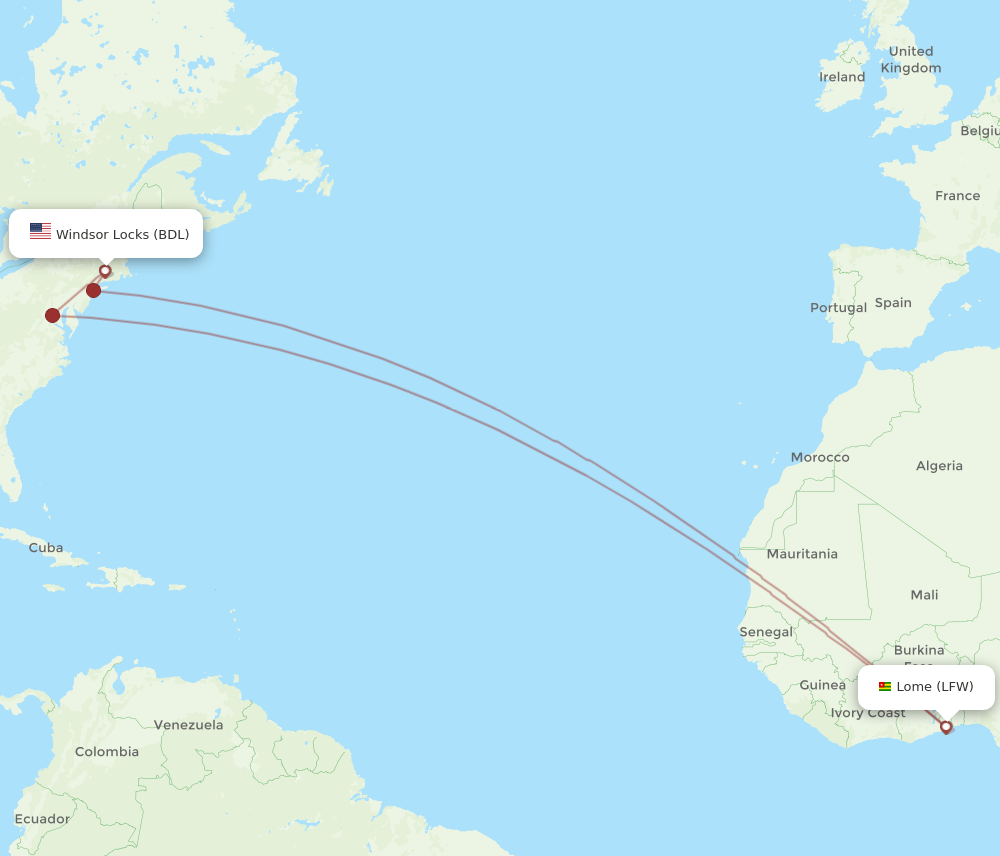 LFW to BDL flights and routes map