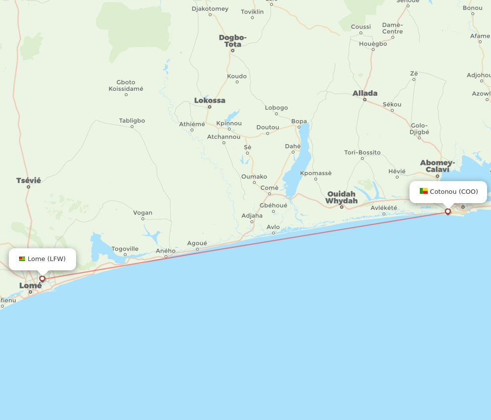 Lome - Cotonou route map and flight paths