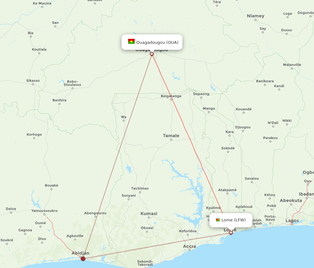 LFW to OUA flights and routes map