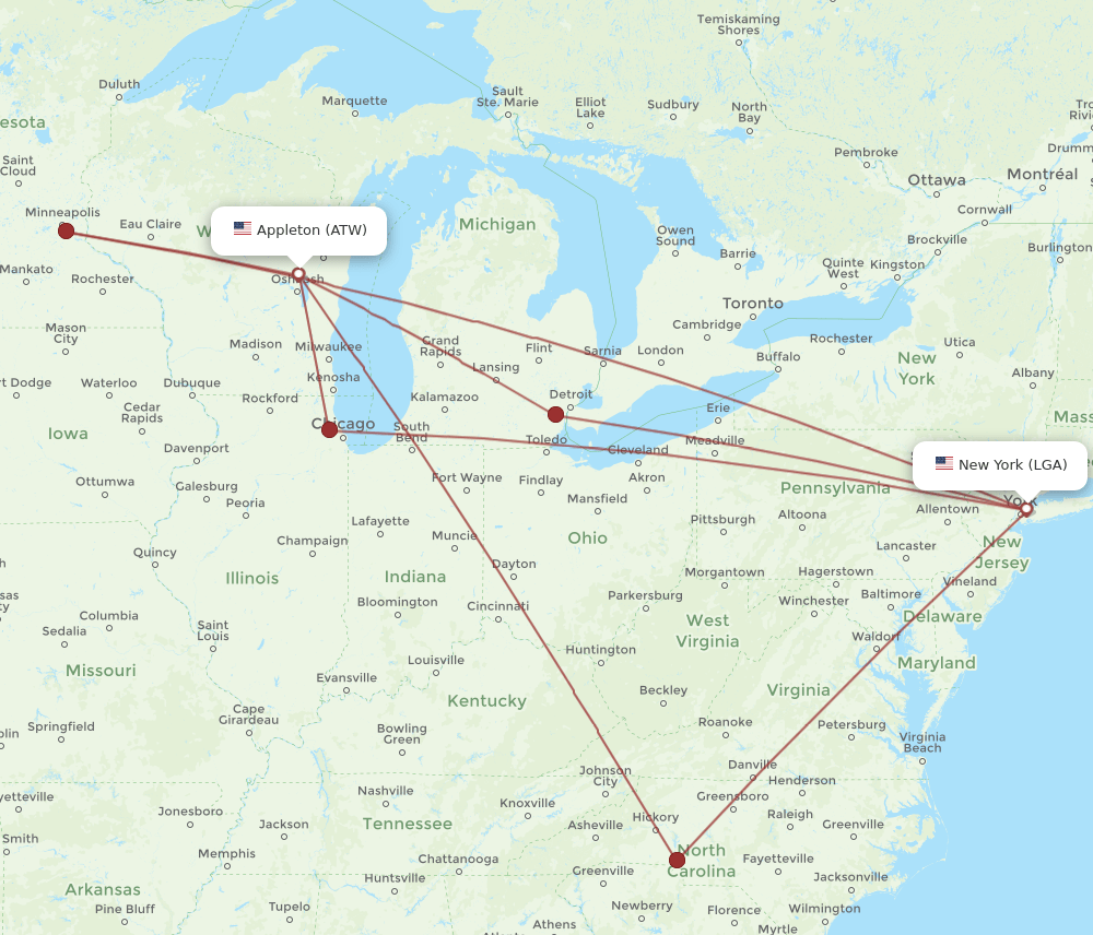 LGA to ATW flights and routes map