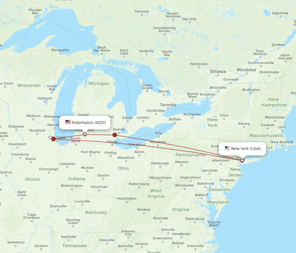LGA to AZO flights and routes map