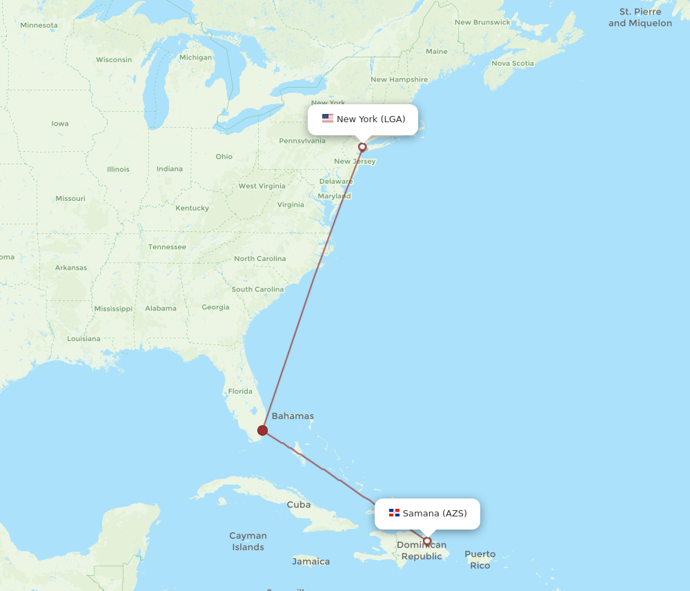 New York - El Catey/Samana route map and flight paths