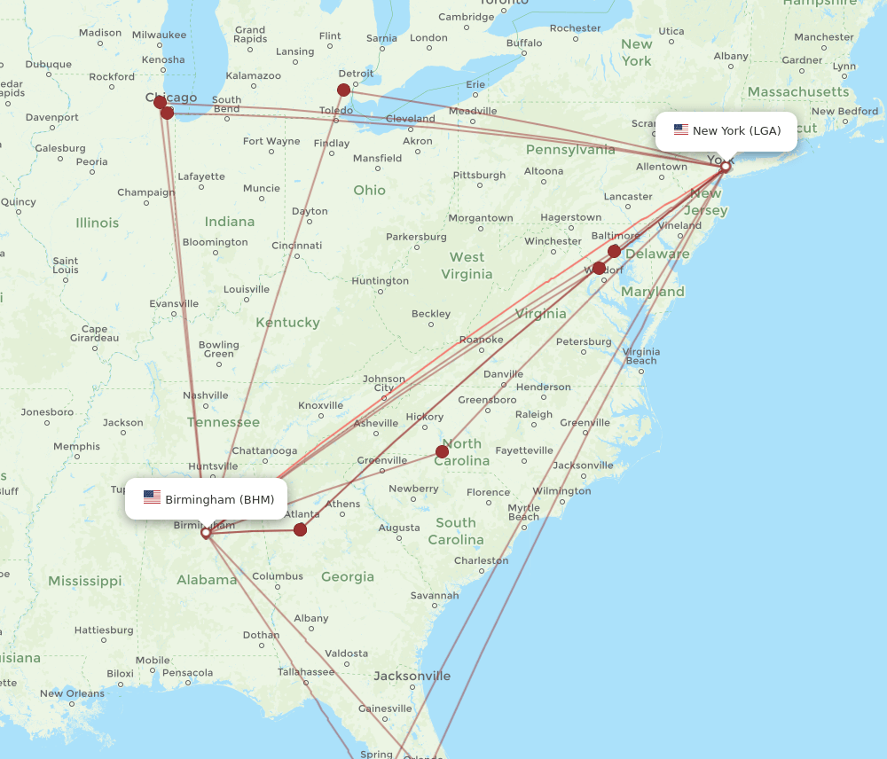 LGA-BHM flight routes