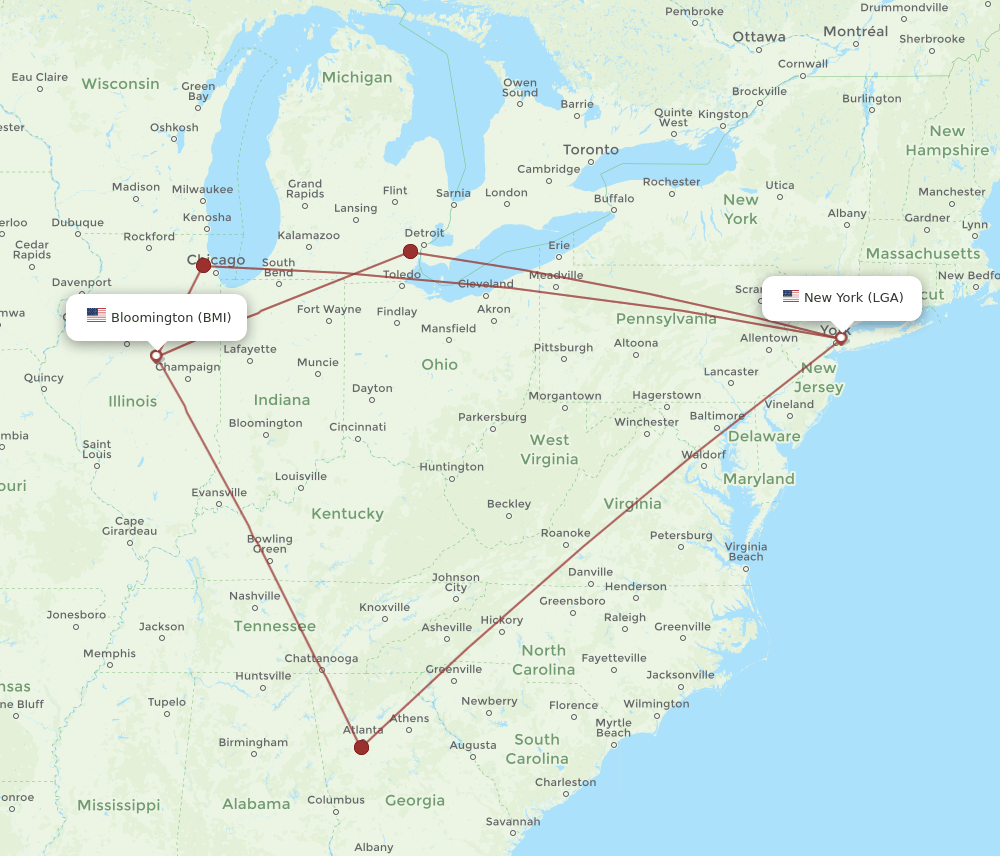 LGA to BMI flights and routes map