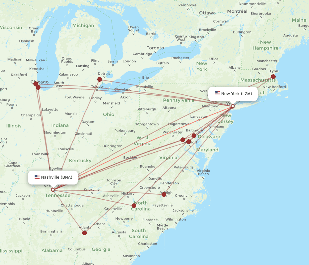 LGA-BNA flight routes