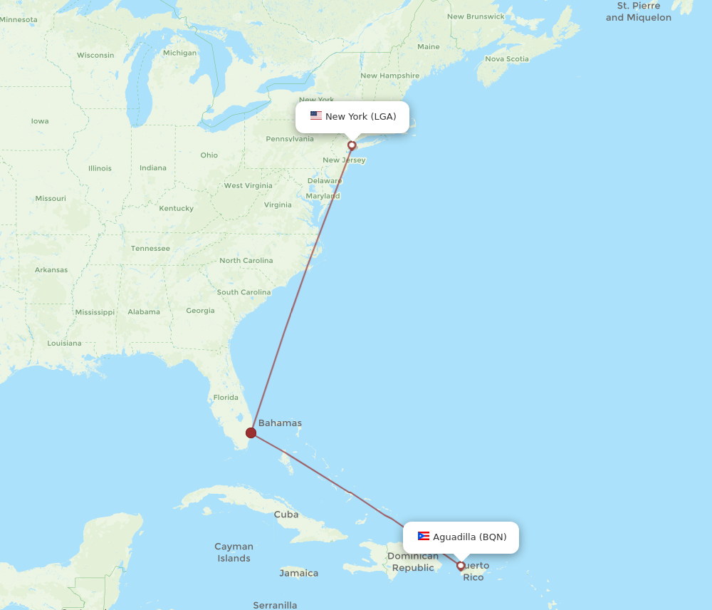 LGA to BQN flights and routes map