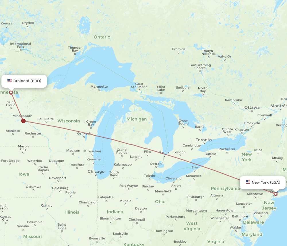 LGA to BRD flights and routes map