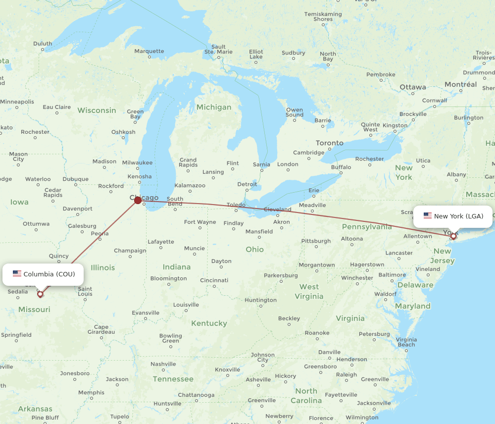 LGA to COU flights and routes map