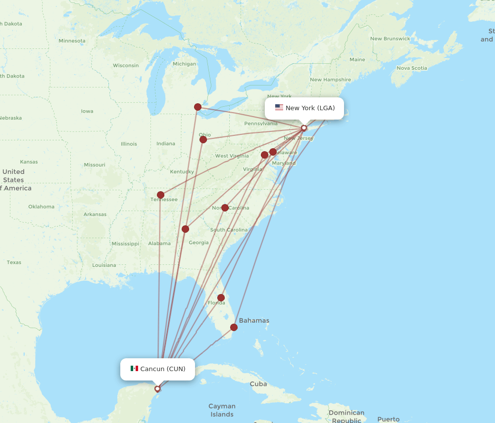 LGA-CUN flight routes