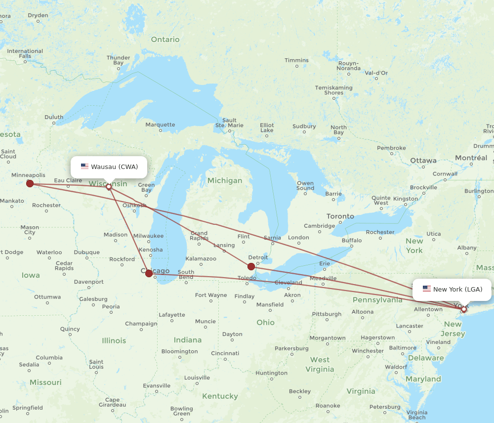 LGA-CWA flight routes