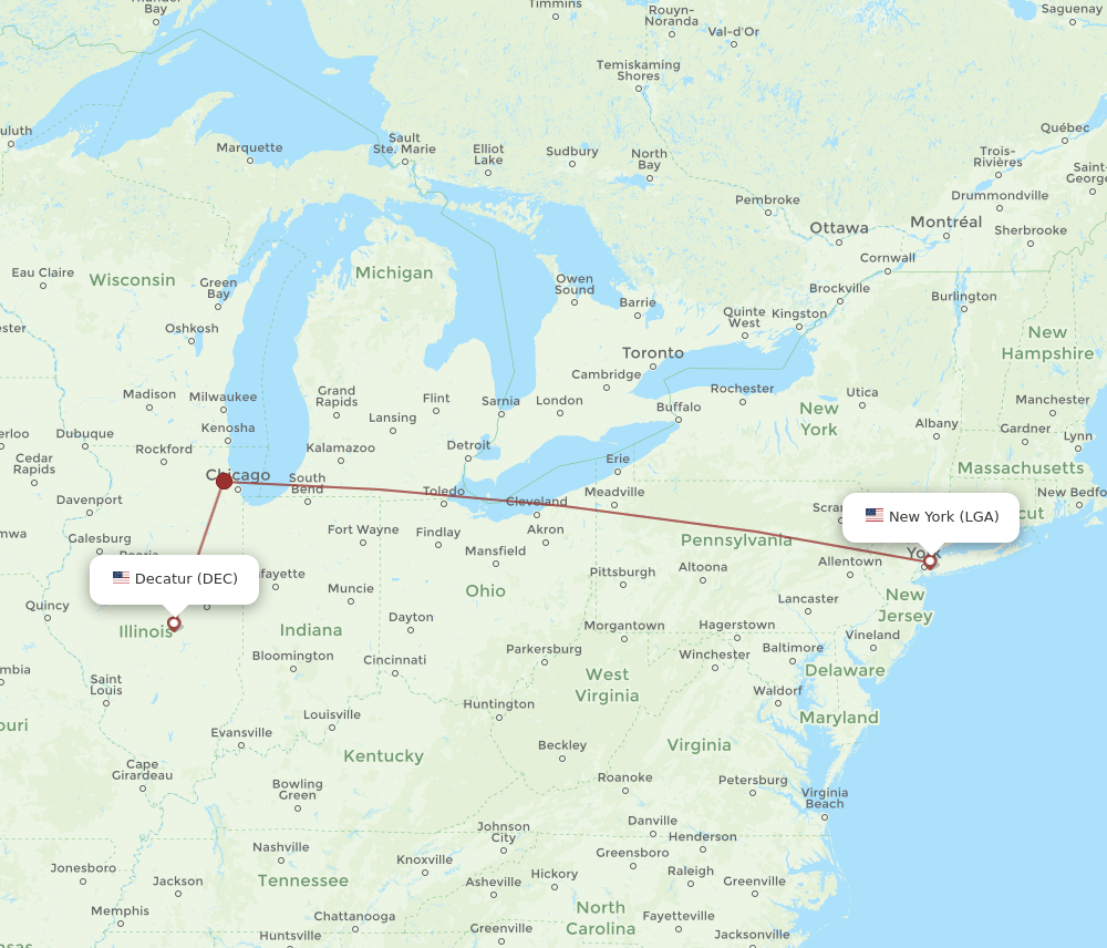 LGA to DEC flights and routes map