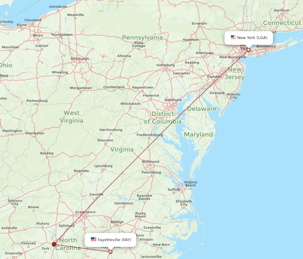 LGA to FAY flights and routes map