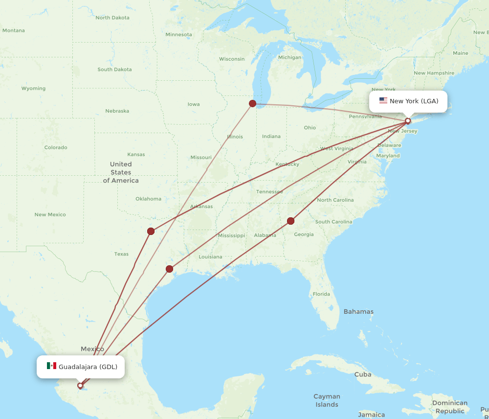 LGA-GDL flight routes