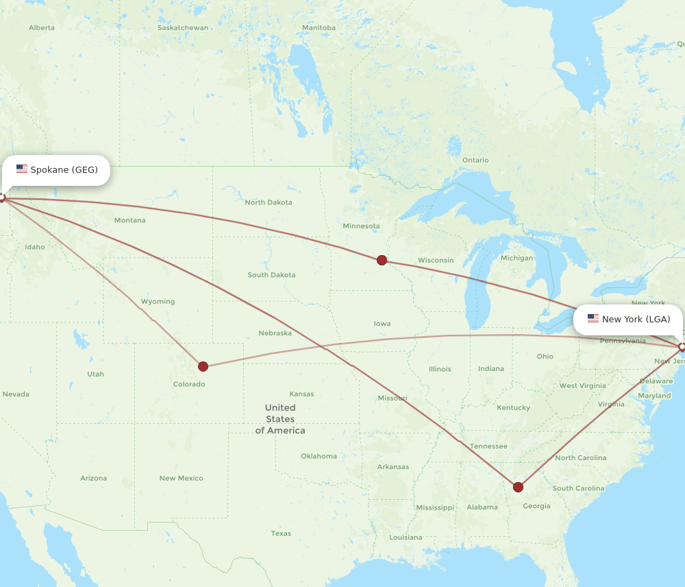 LGA to GEG flights and routes map