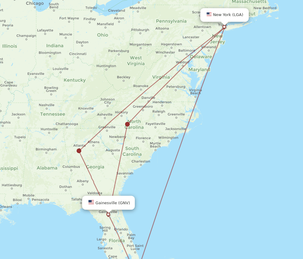 LGA to GNV flights and routes map