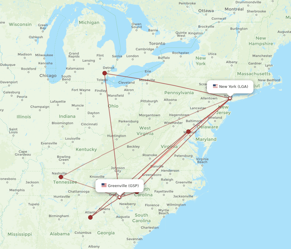 LGA to GSP flights and routes map