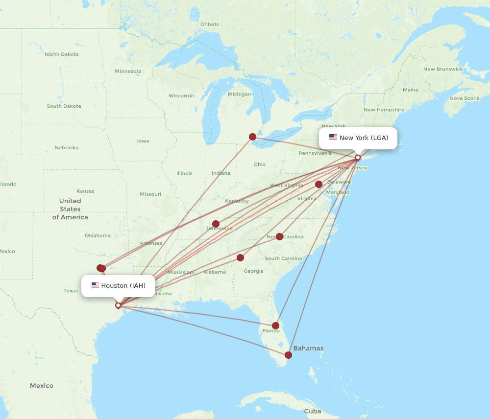 LGA to IAH flights and routes map