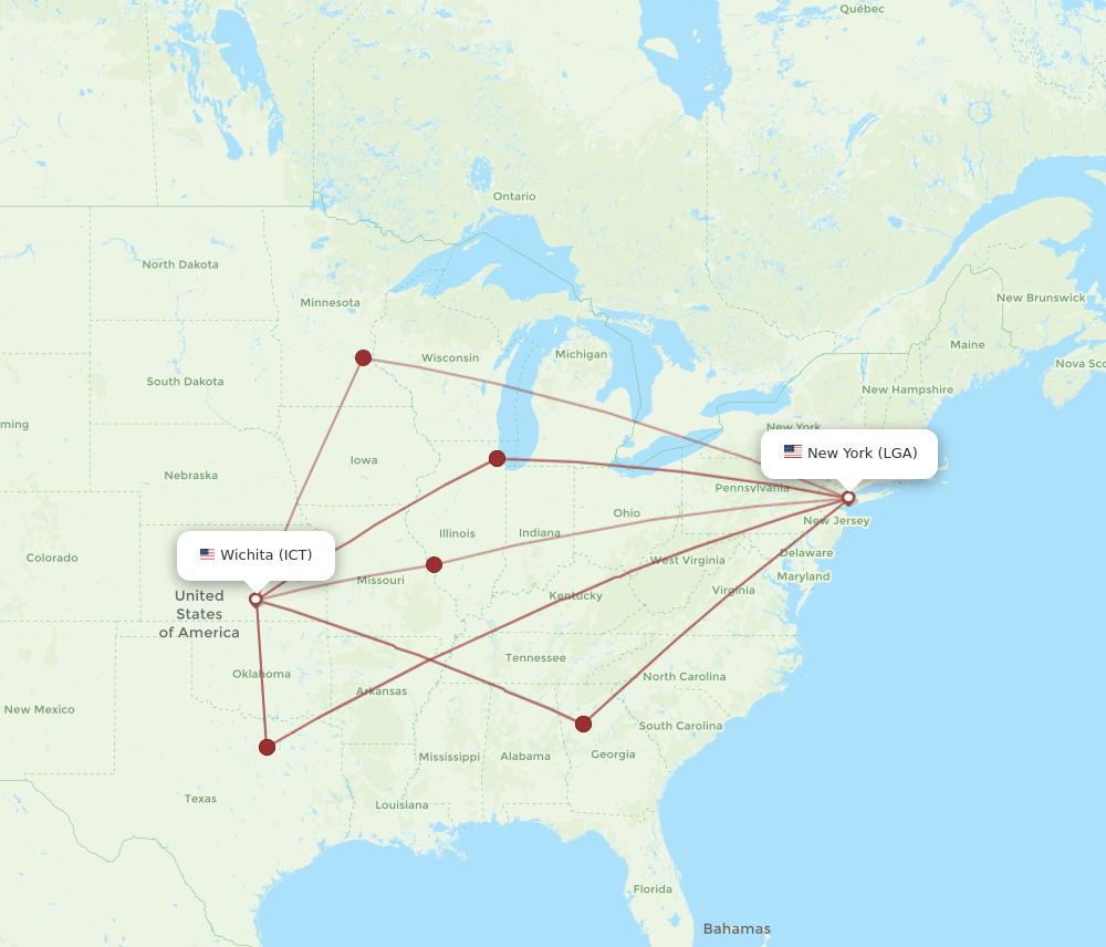 LGA to ICT flights and routes map