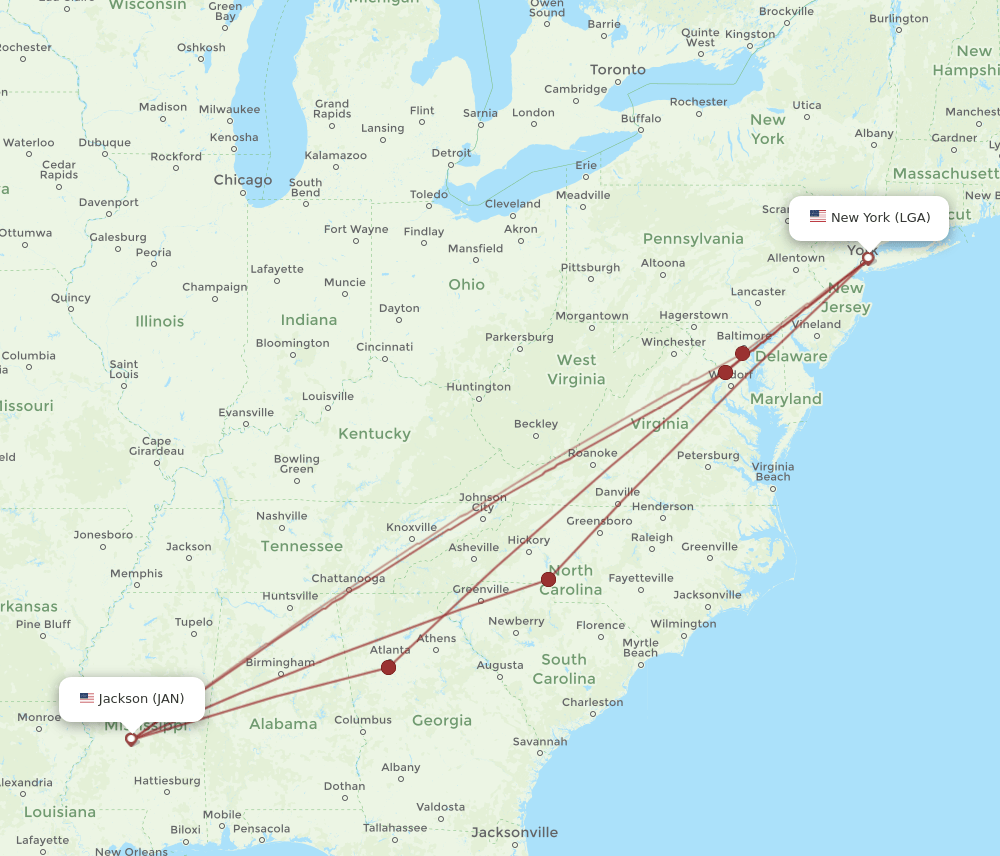 LGA to JAN flights and routes map