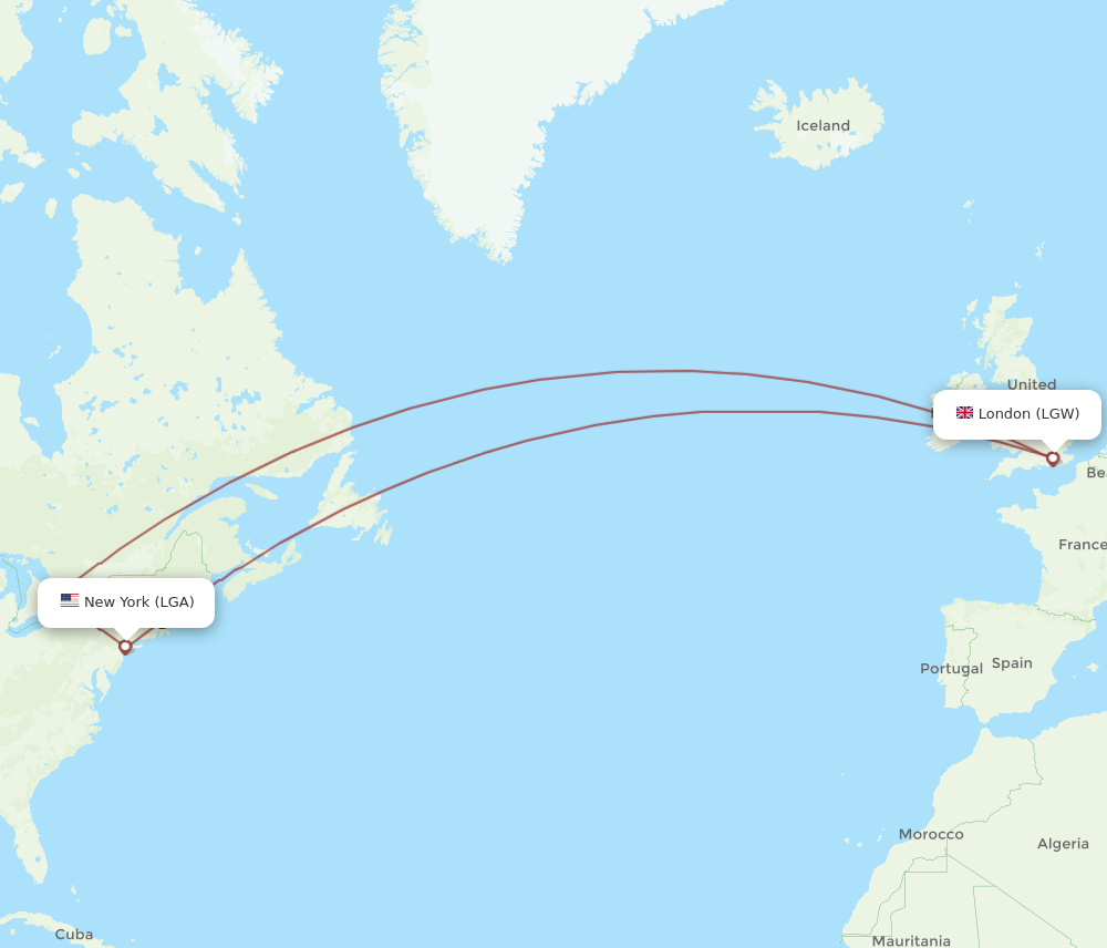 LGA to LGW flights and routes map