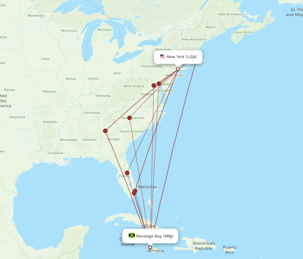 LGA to MBJ flights and routes map