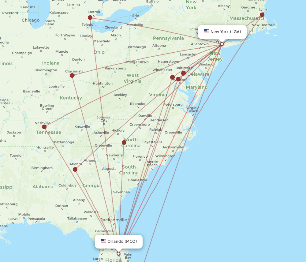 LGA to MCO flights and routes map