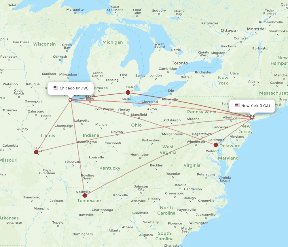 LGA to MDW flights and routes map