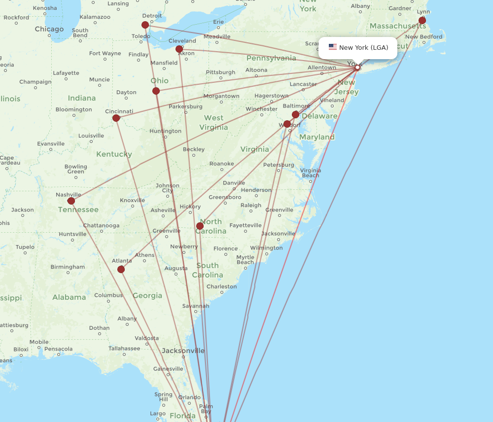 LGA to MIA flights and routes map