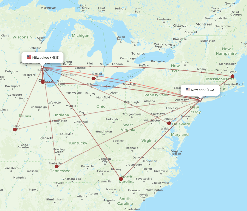 LGA-MKE flight routes