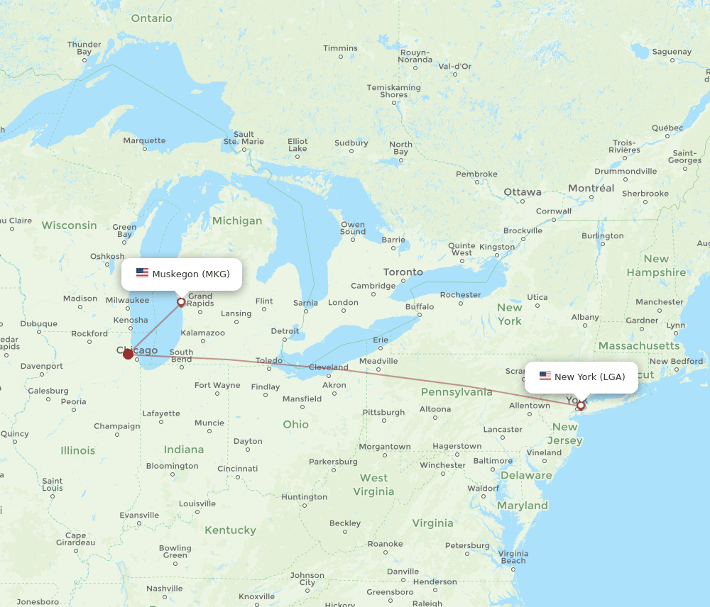 New York - Muskegon route map and flight paths