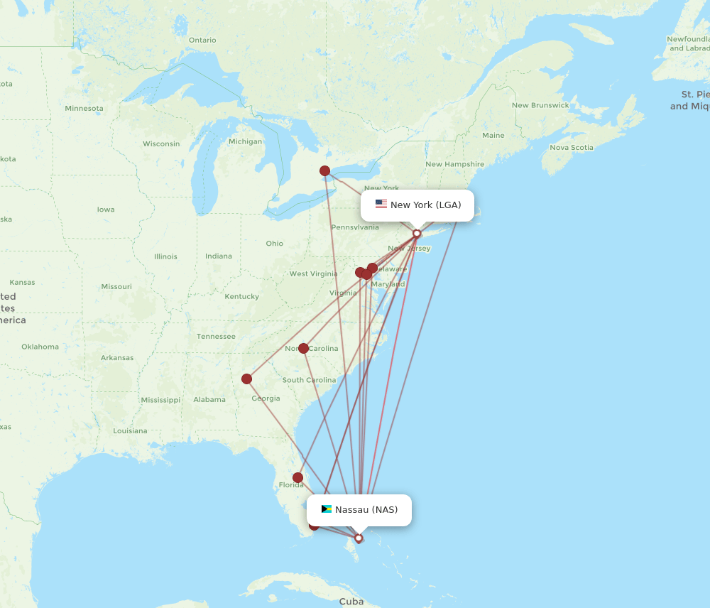 LGA to NAS flights and routes map